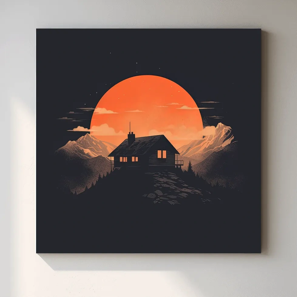 Minimal art, cabin at sunset