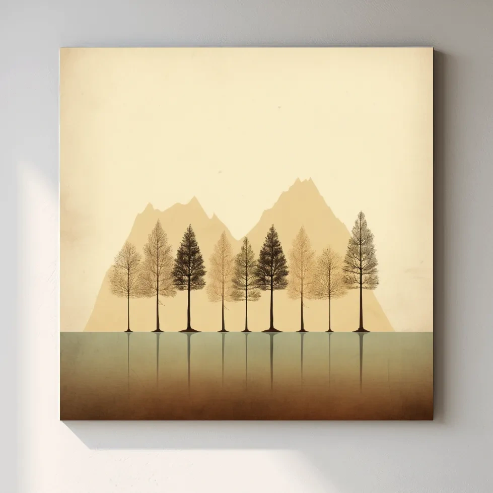 Minimal mountain art, treeline on the lake