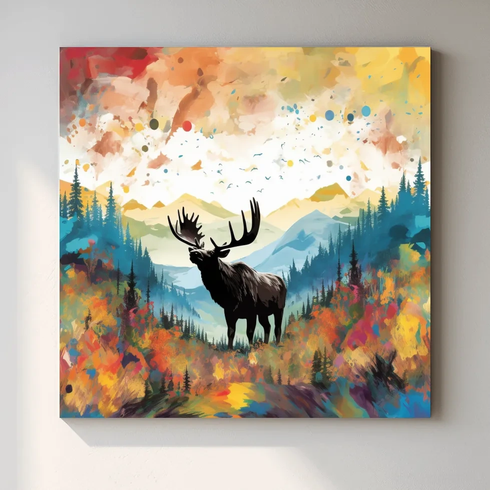Abstract splattered painting of a large moose