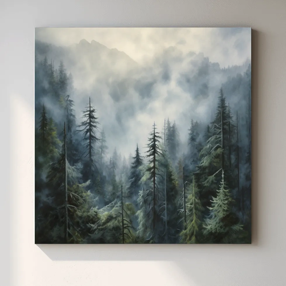 Painting of foggy forest in the mountains