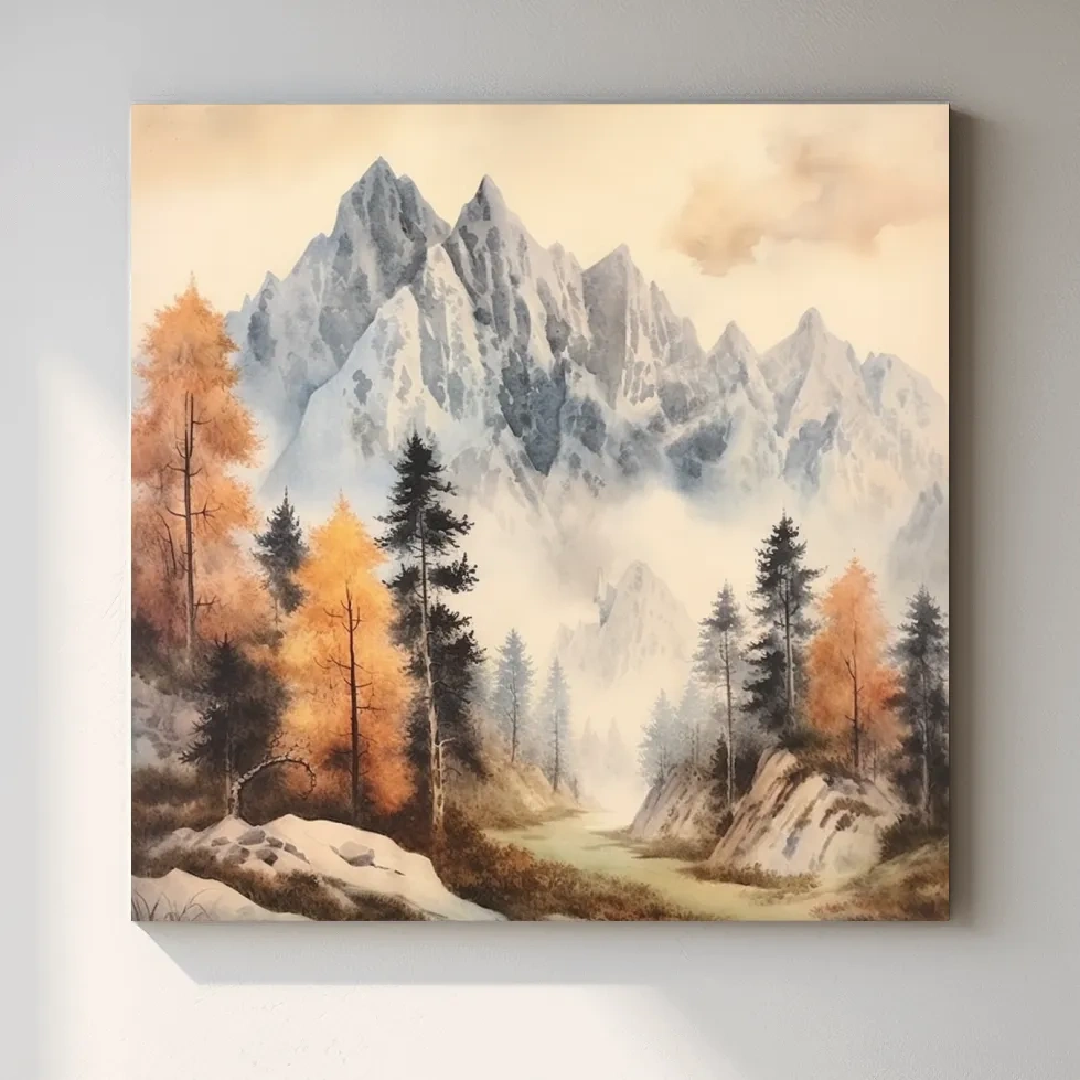 Watercolour painting of mountains and trees