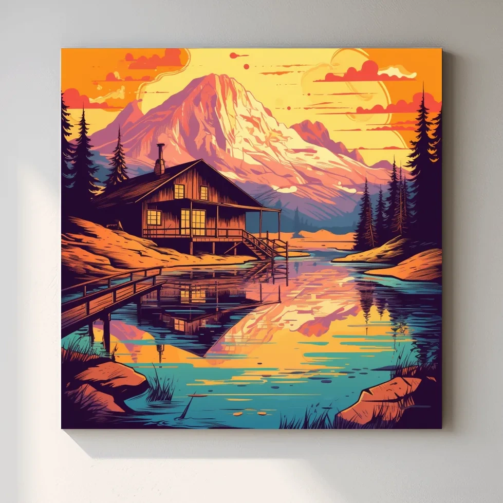 Colourful illustration of a cabin by an alpine lake at sunset
