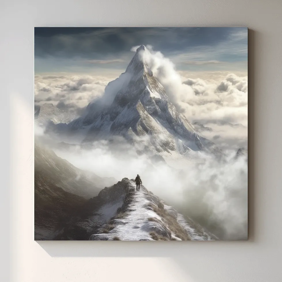 Painting of a person walking along a high alpine ridge
