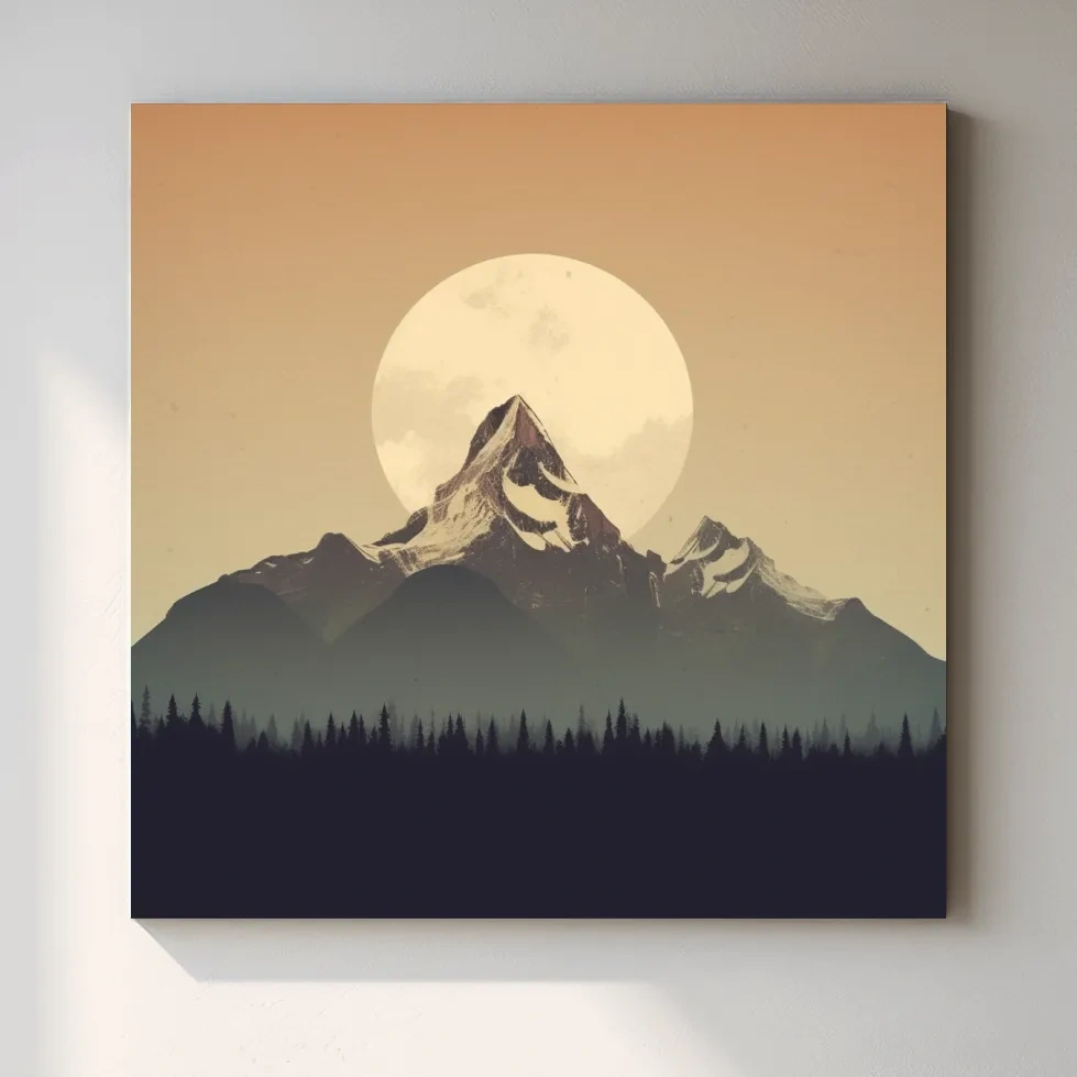 Graphical art of the moon behind a large mountain, minimalist mountain wall art