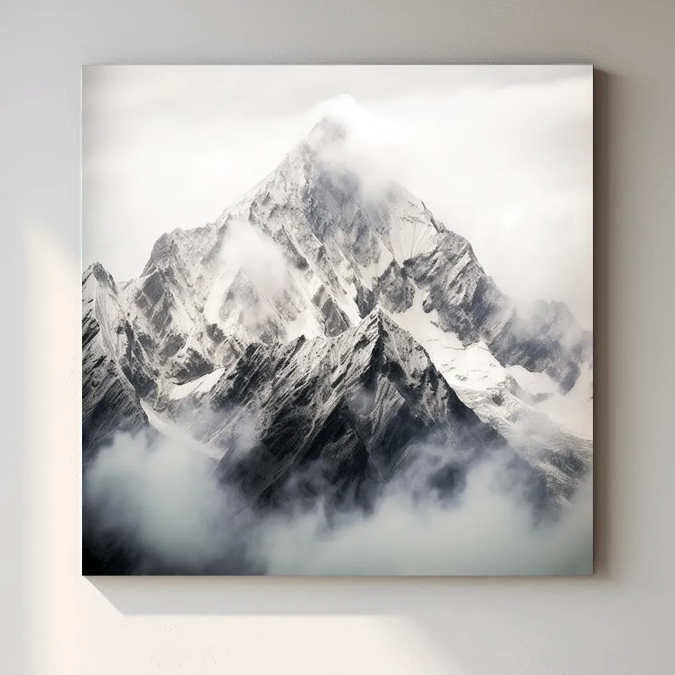 Photographic art, snowy glacier in the clouds