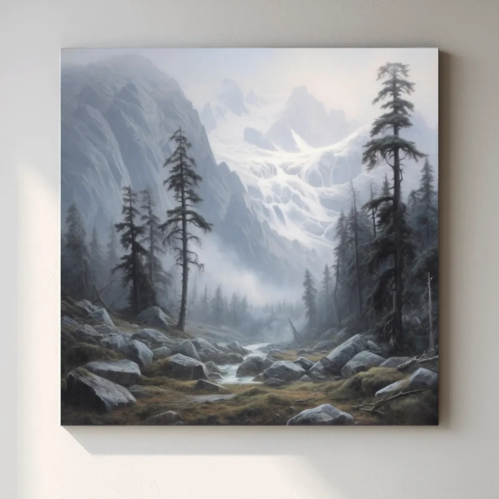 Painting of fog rolling through an alpine scene