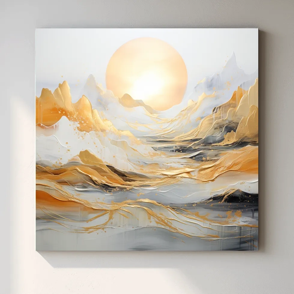 Mountain landscape art, gold leaf painting style