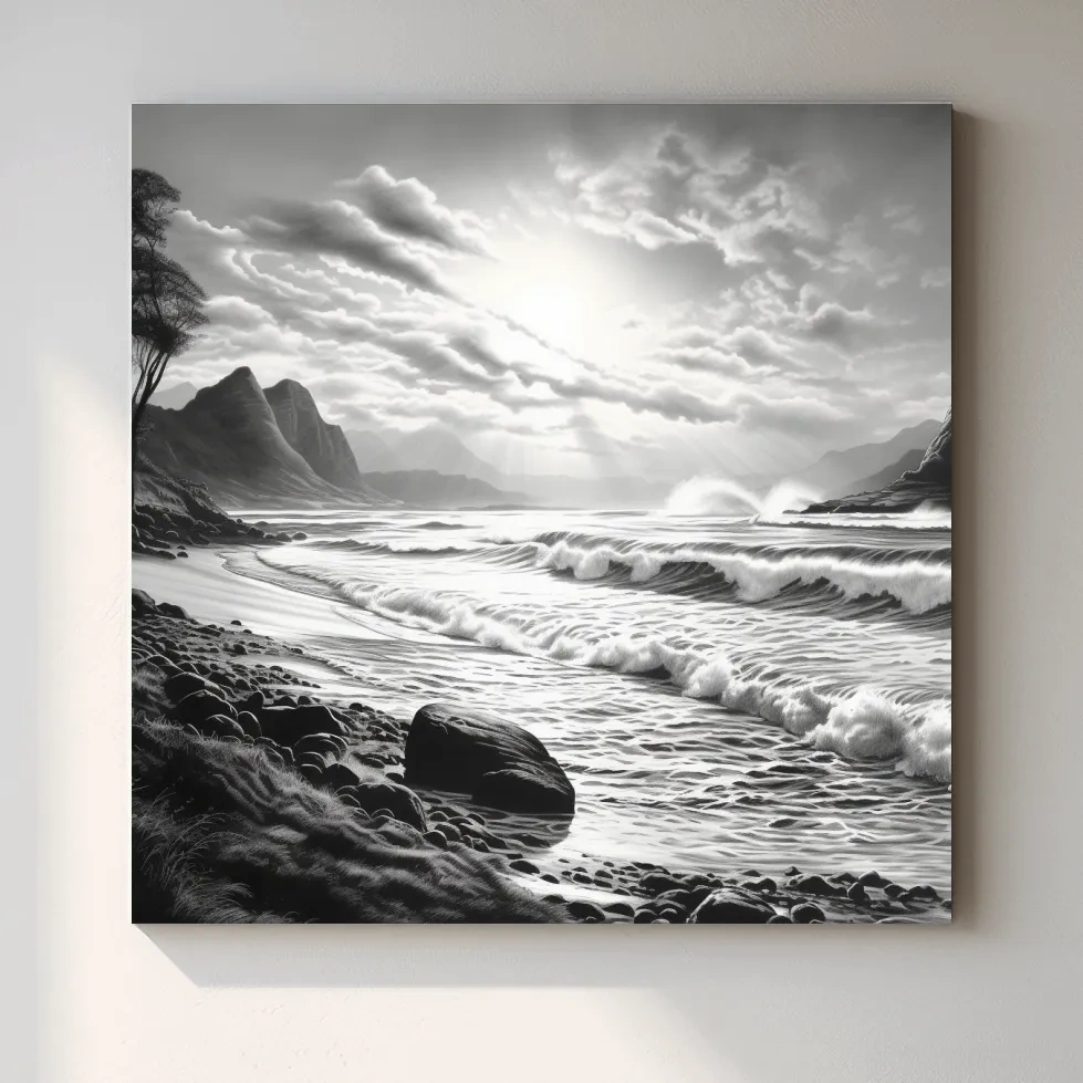 Black and white drawing of a sunny beach scene