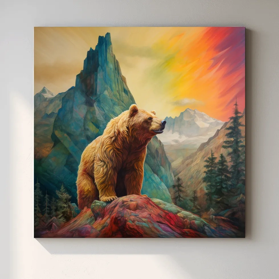 Colourful painting of a gizzly bear in the mountains