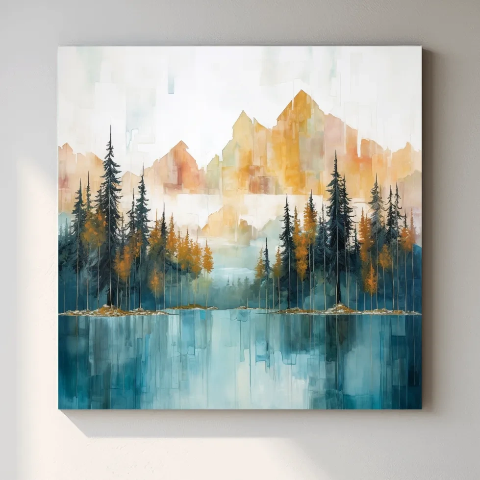 Abstract Watercolor Alpine Lake Reflection - Misty Mountain Forest Wall Art