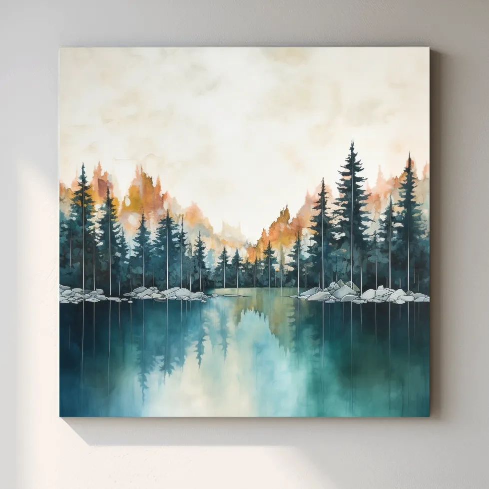 Misty Forest Lake Watercolor Painting - Serene Landscape Wall Art