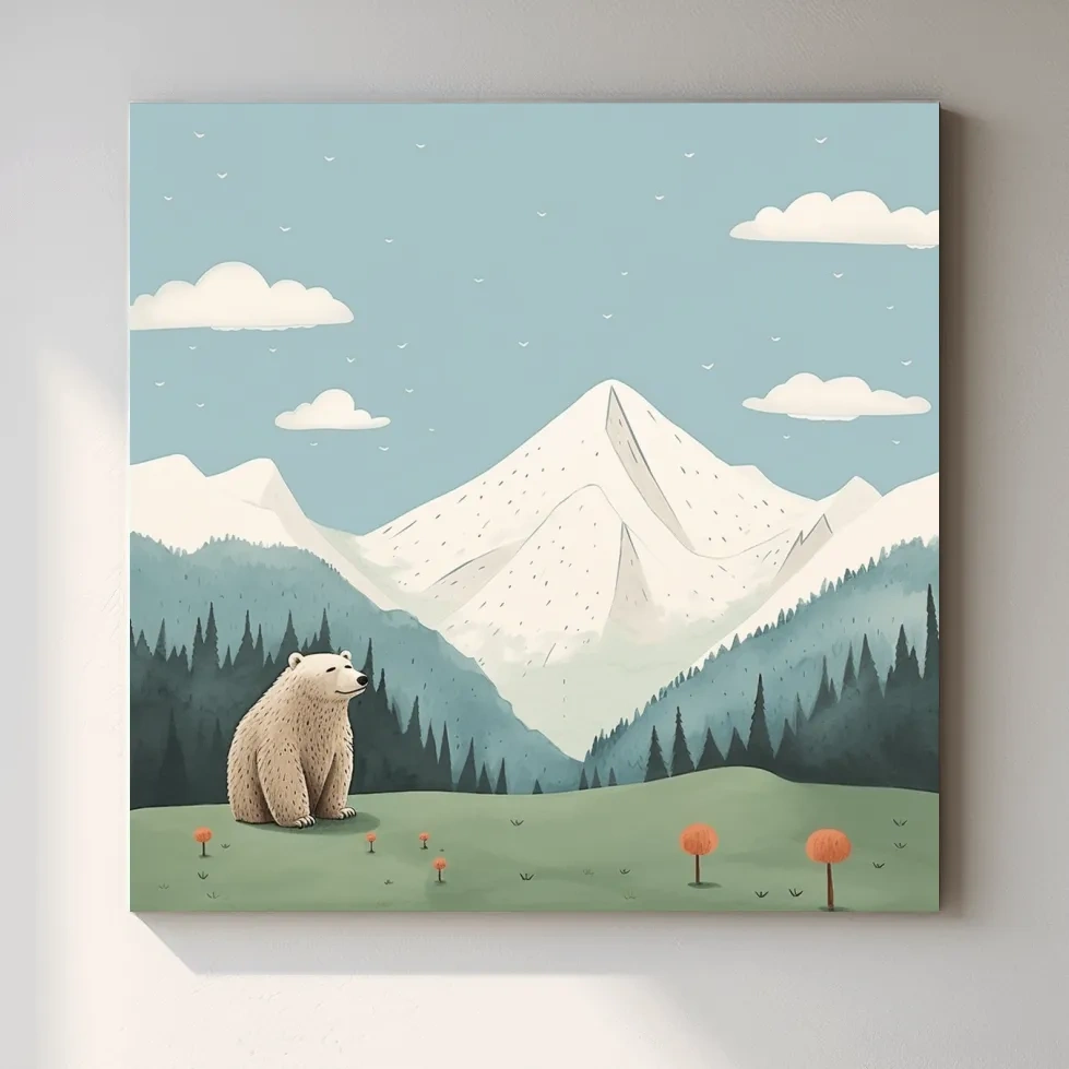 Illustration of a happy bear sitting in the alpine