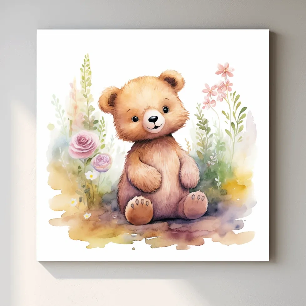 Cute Watercolor Teddy Bear With Pastel Flowers - Nursery Animal Wall Art