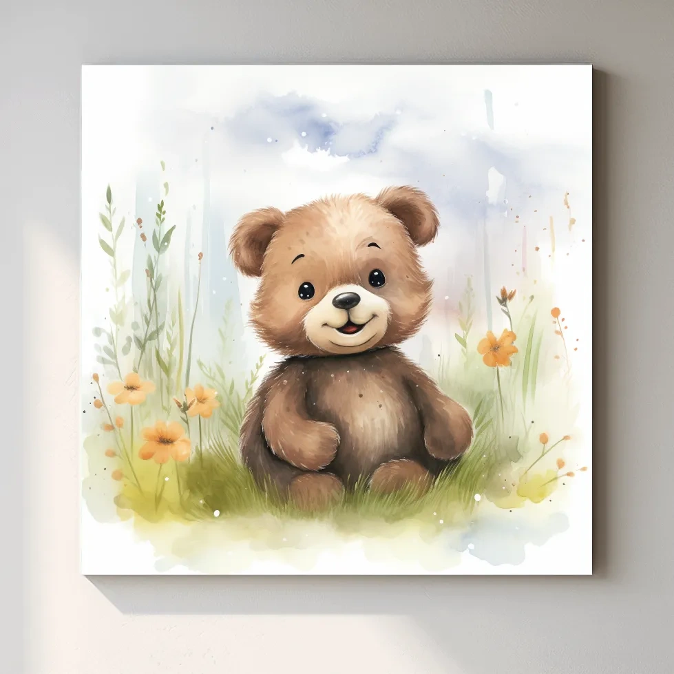 Nursery illustration, watercolor painting of a cute happy bear cub
