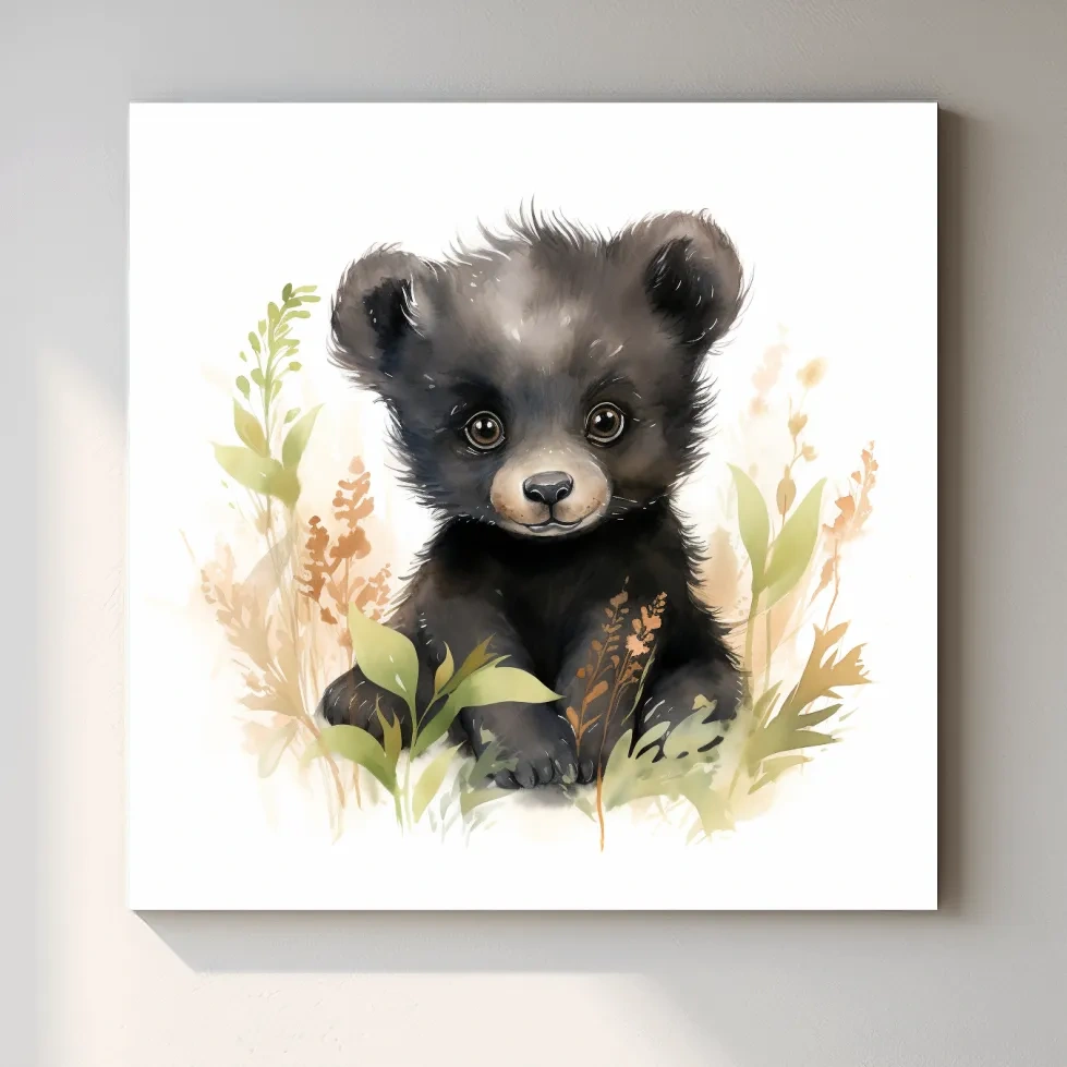 Watercolor painting of a cute black bear cub, nursery art painting