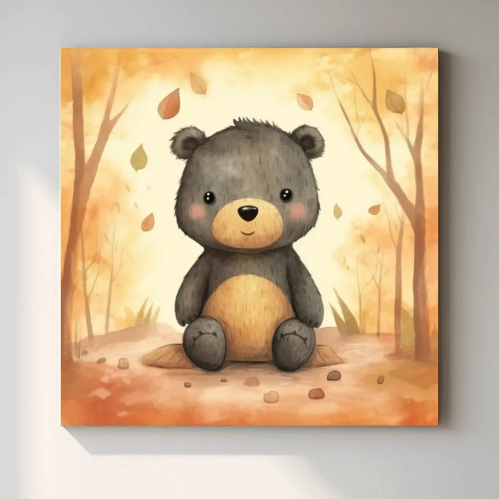 Cute Watercolor Teddy Bear Forest Illustration - Whimsical Nursery Wall Art
