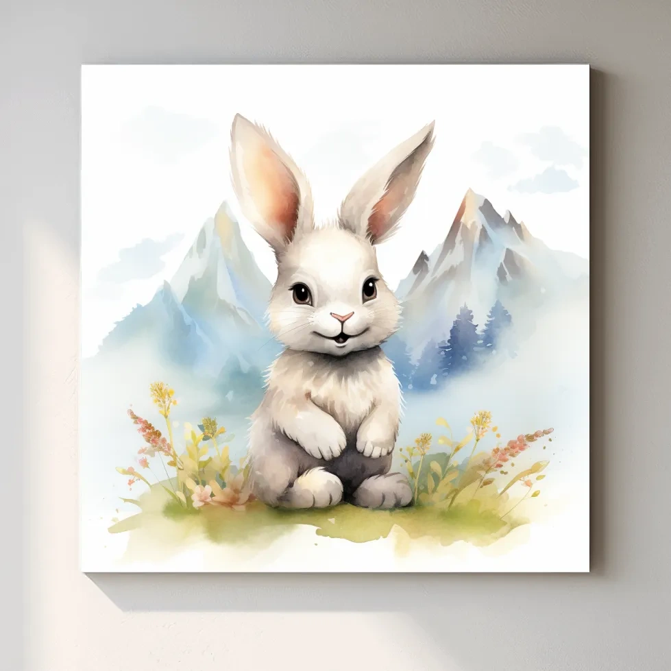 Nursery art - watercolor painting of a cute bunny rabbit in the mountains