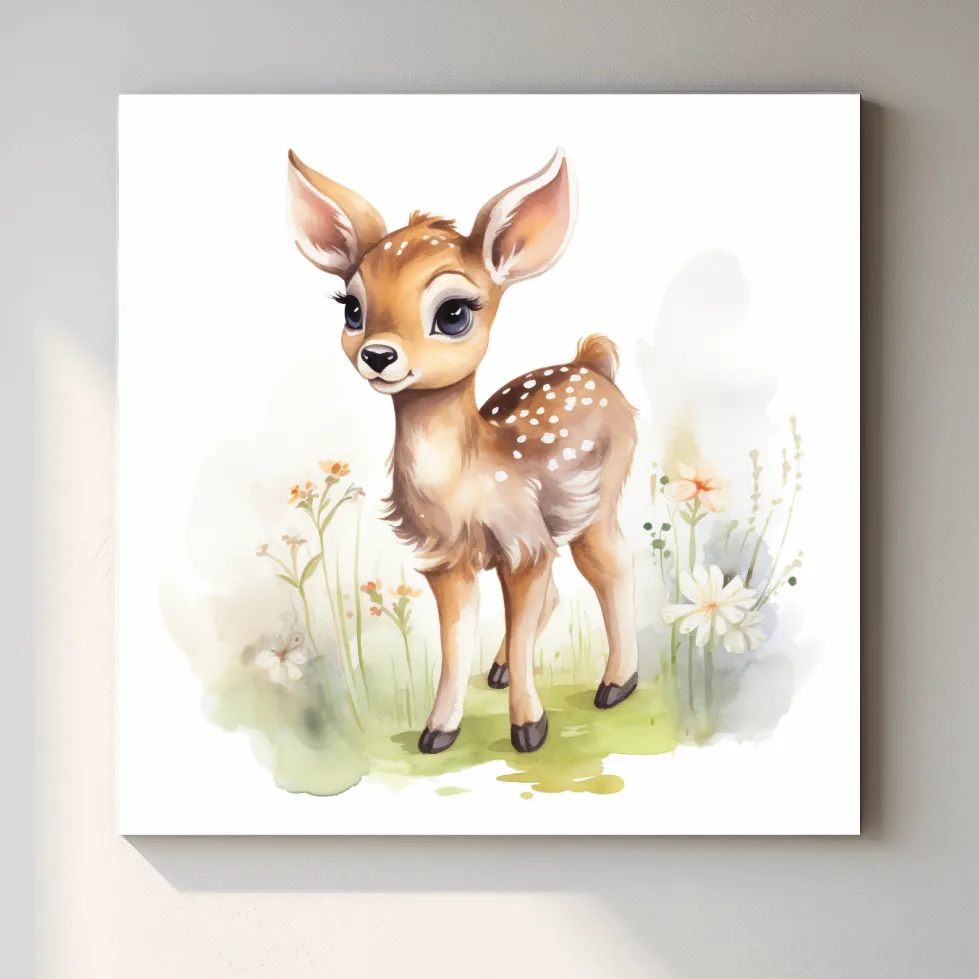 Simple watercolor painting of a cute deer fawn in the forest, nursery art