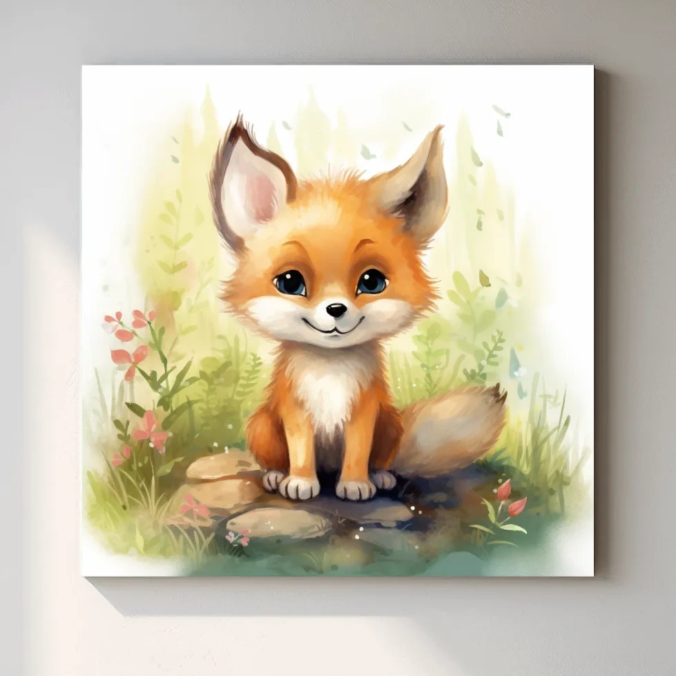 Watercolor nursery art painting, a cute baby fox cub sitting in the forest