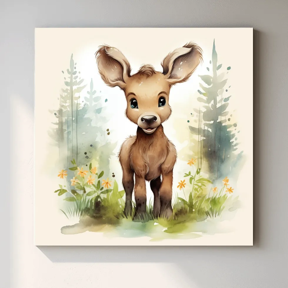 Nursery art watercolor painting, a cute baby deer in the forest