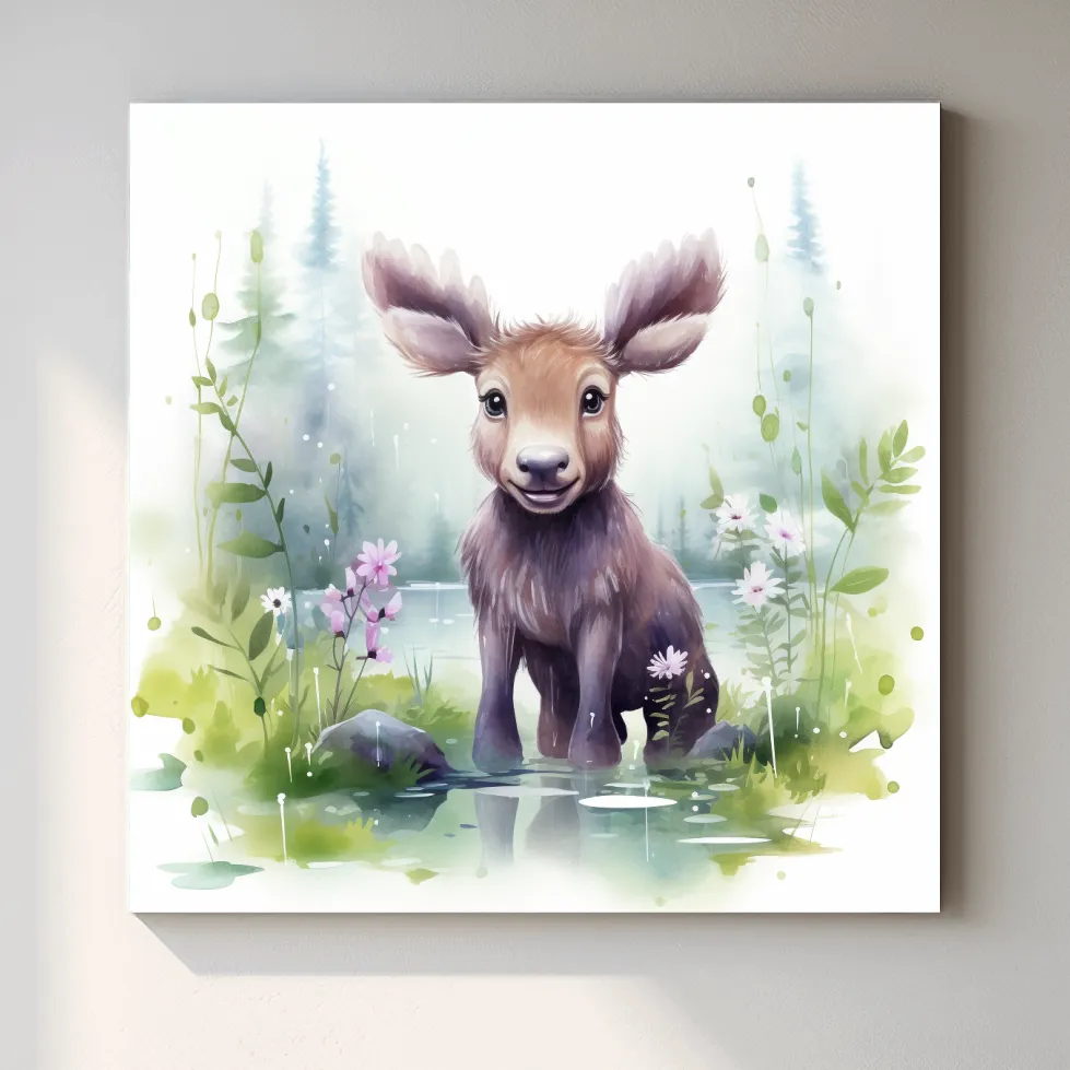 Watercolor painting of a cute baby moose in the forest, nursery art