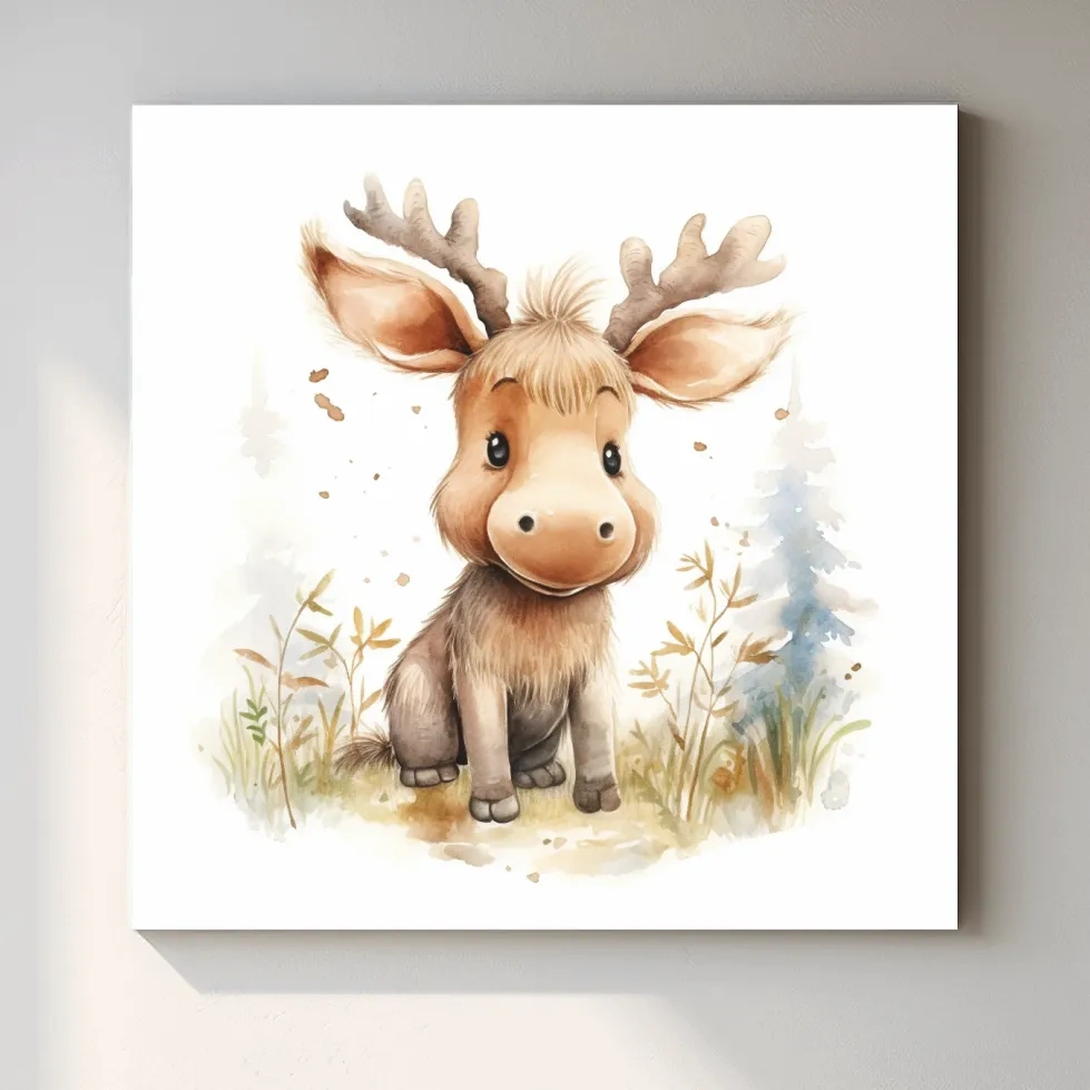 Watercolor illustration, a cute baby moose in the forest, nursery art