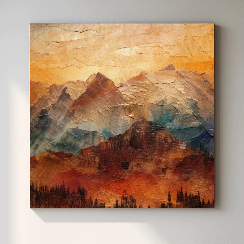 Rustic textured painting effect artwork of mountains at sunset