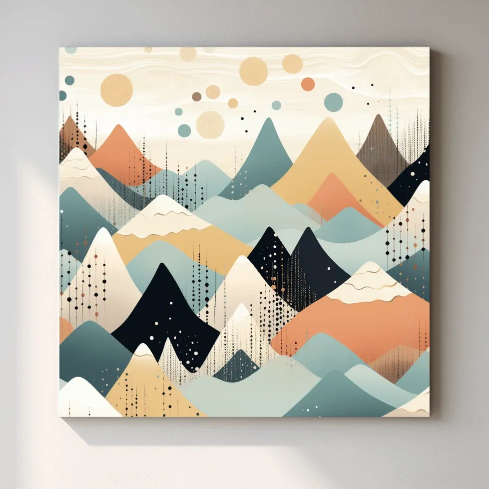 Mid-century bohemian art, pastel mountain patterns