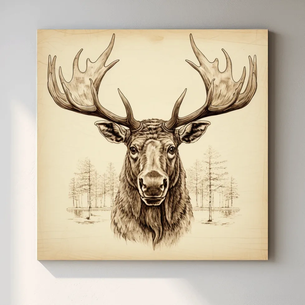 Rustic Sepia Moose Head Sketch - Vintage Woodland Wildlife Wall Art