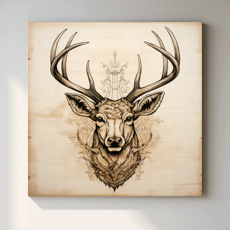 Ornate Deer Head on Wood Sketch Illustration - Rustic Wildlife Wall Art