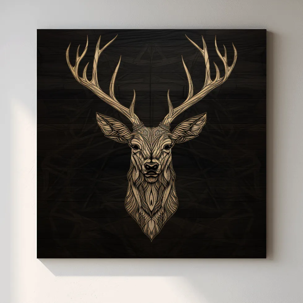 Elegant Geometric Deer Head Line Art - Rustic Woodcut Style Wildlife Artwork