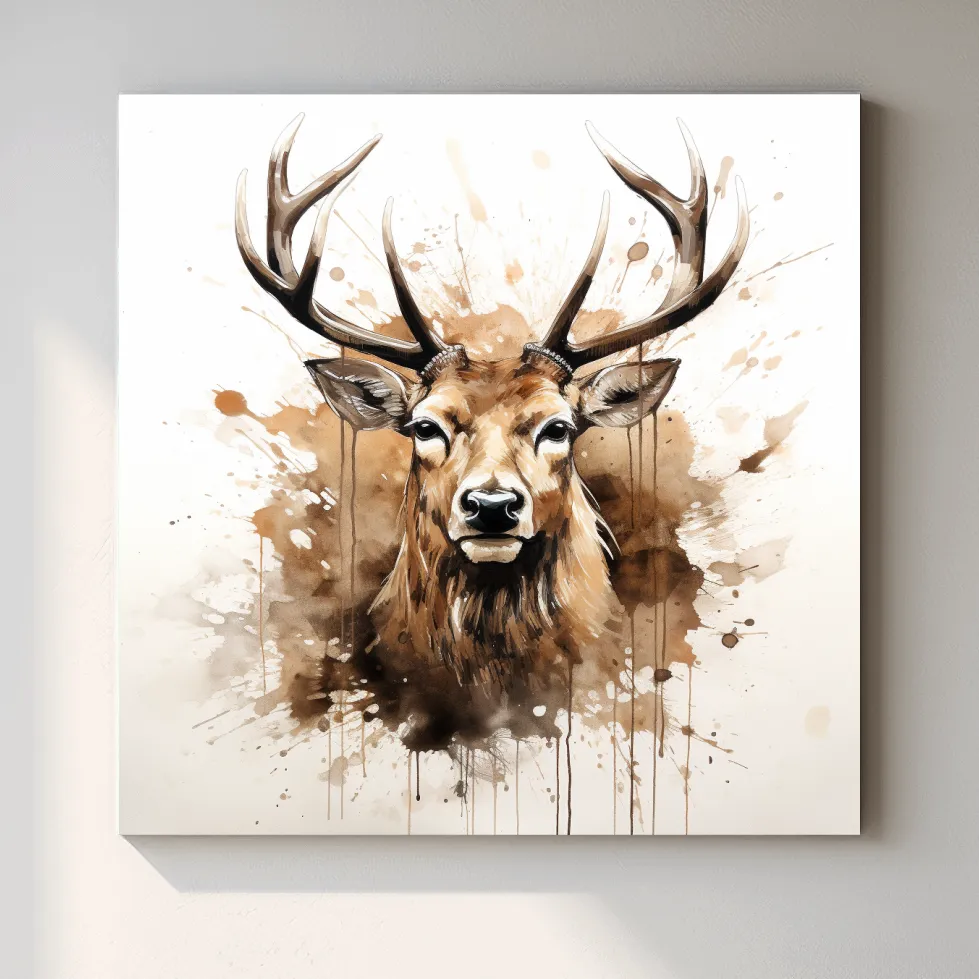 Splattered watercolour painting of a deers head