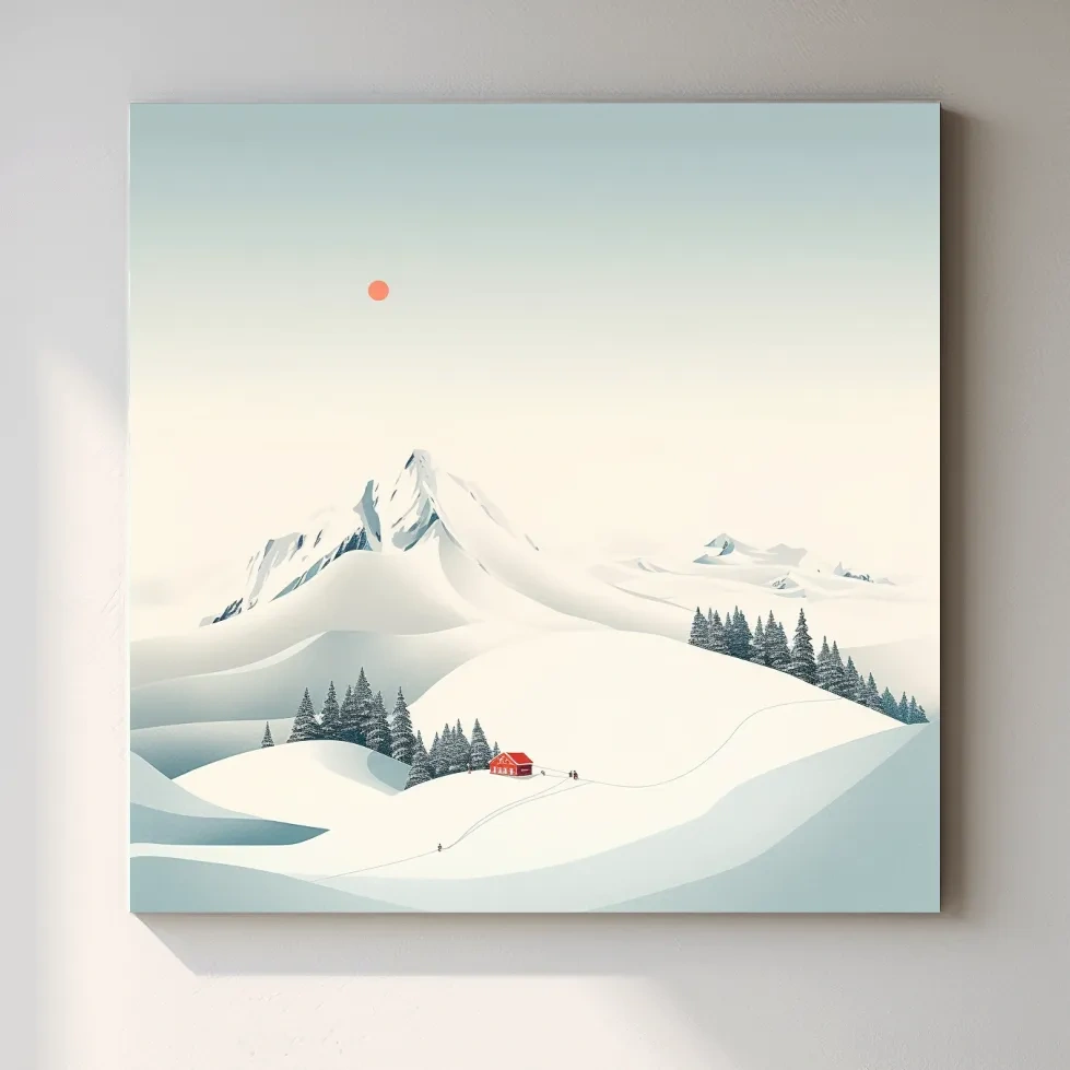 Minimalist Snowy Mountain Cabin Landscape - Winter Wall Art