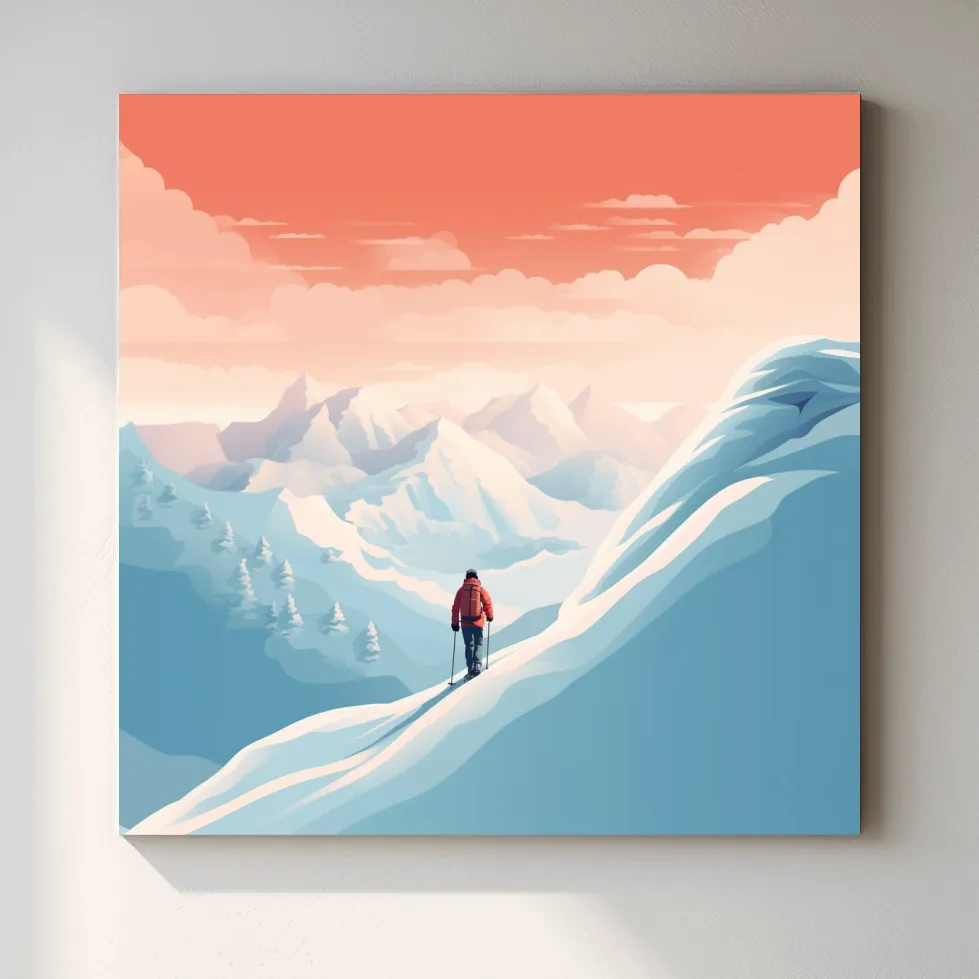 Minimalist Backcountry Skier Illustration - Pastel Alpine Landscape Wall Art