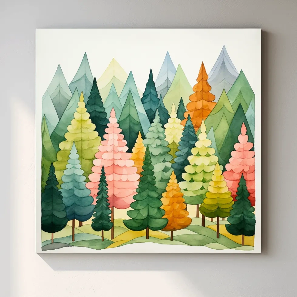 Watercolour style art of colorful dreamy forest