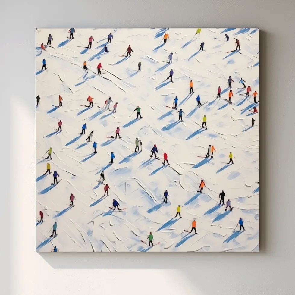 Aerial view of a ski resort with lots of little skiers, textured painting effect