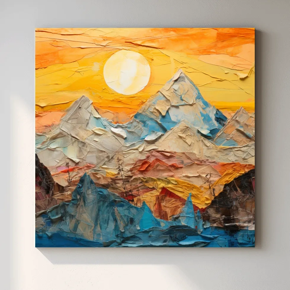 Textured art paper mache effect, mountains at sunset canvas art