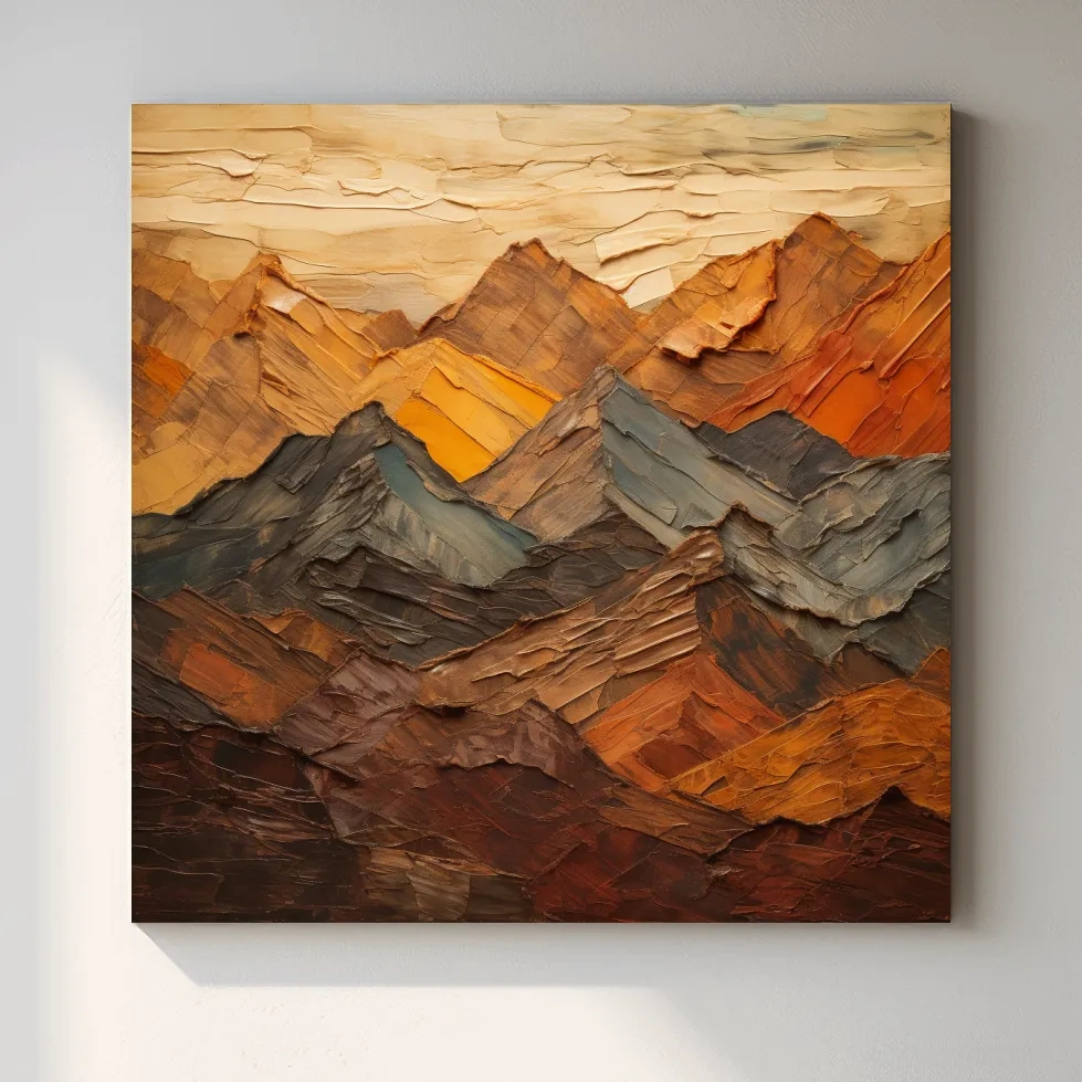 Earthy coloured mountains artwork, textured impasto painting effect