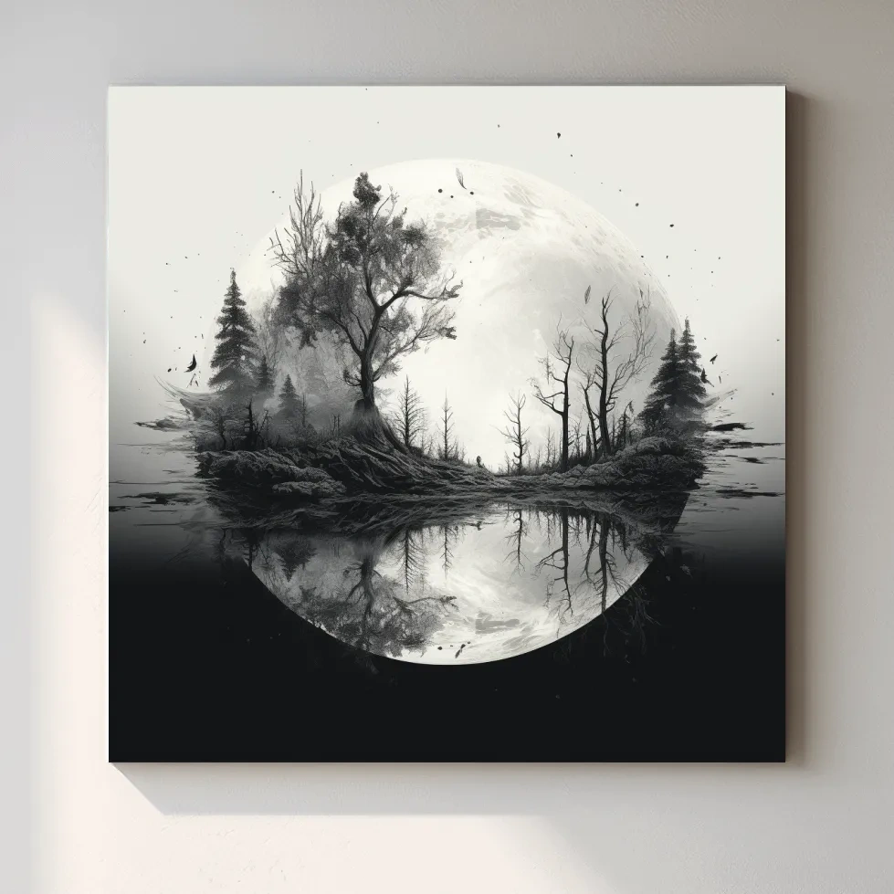 Surreal double exposure moon and forest drawing artwork