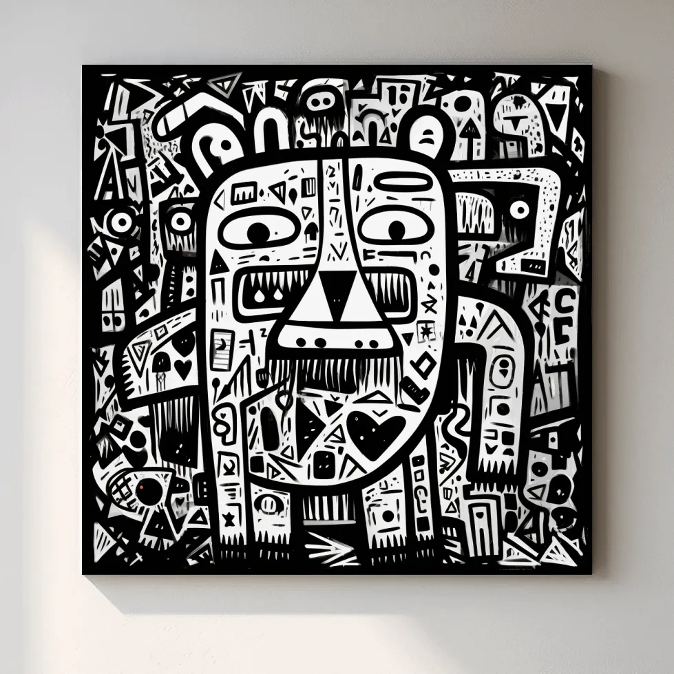 Abstract Black And White Graffiti Bear Doodle Art - Bold Geometric Animal Wall Art