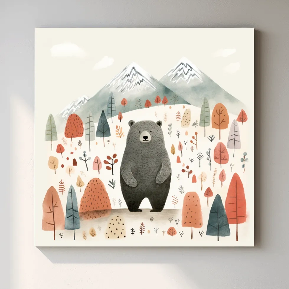 Nursery storybook art illustration of a black bear in the forest