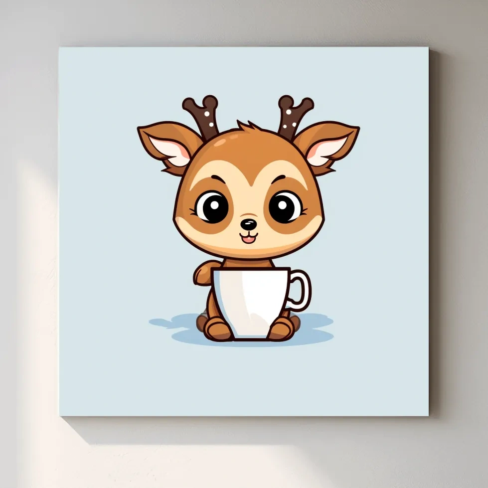 Cartoon illustration of a cute baby deer having morning coffee