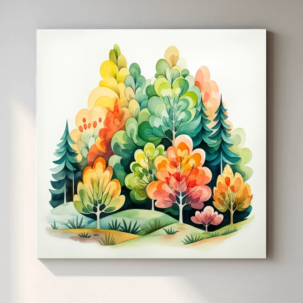 Colorful forest art, watercolor style illustration