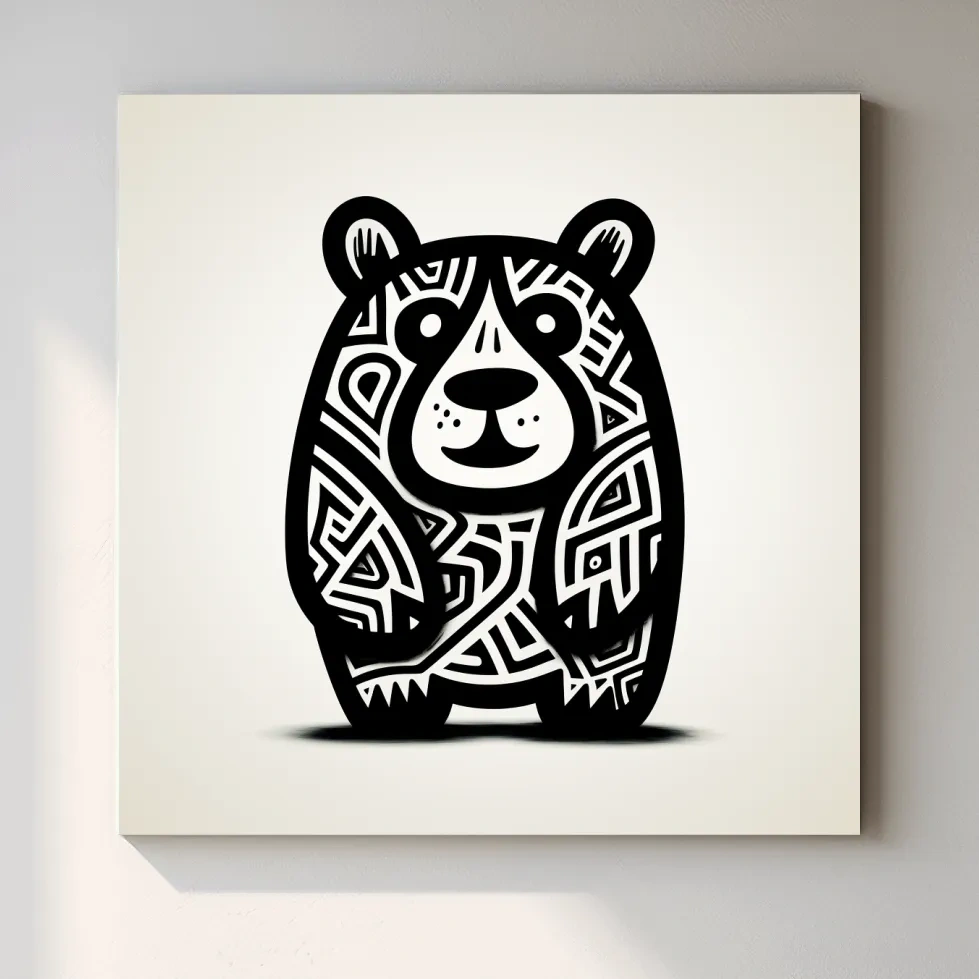 Tribal Cartoon Bear Illustration - Minimalist Black And White Wildlife Wall Art