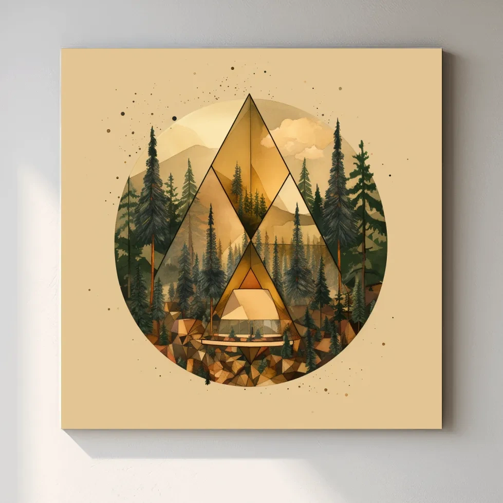 Geometric Mountain Cabin Forest Landscape - Modern Abstract Nature Wall Art