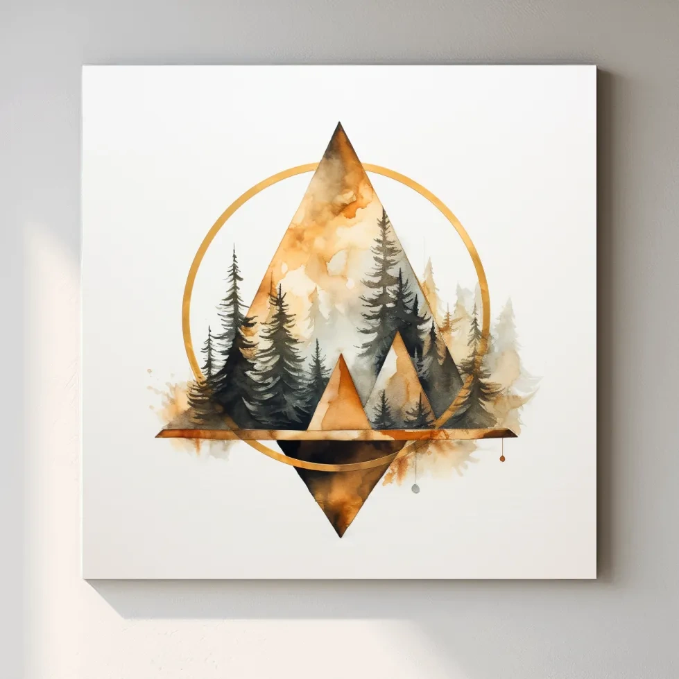 Minimal watercolour tree art, elegant geometric shapes, circular, triangles