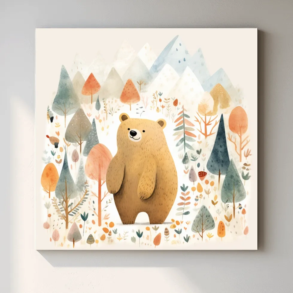 Cute quirky storybook nursery art, a brown bear in the mountains