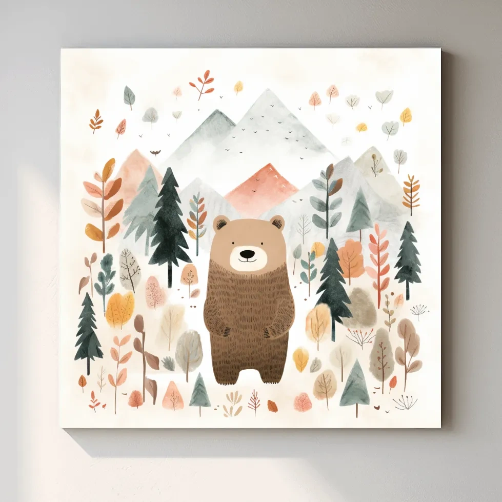 Nursery storybook art illustration of a brown bear in the forest