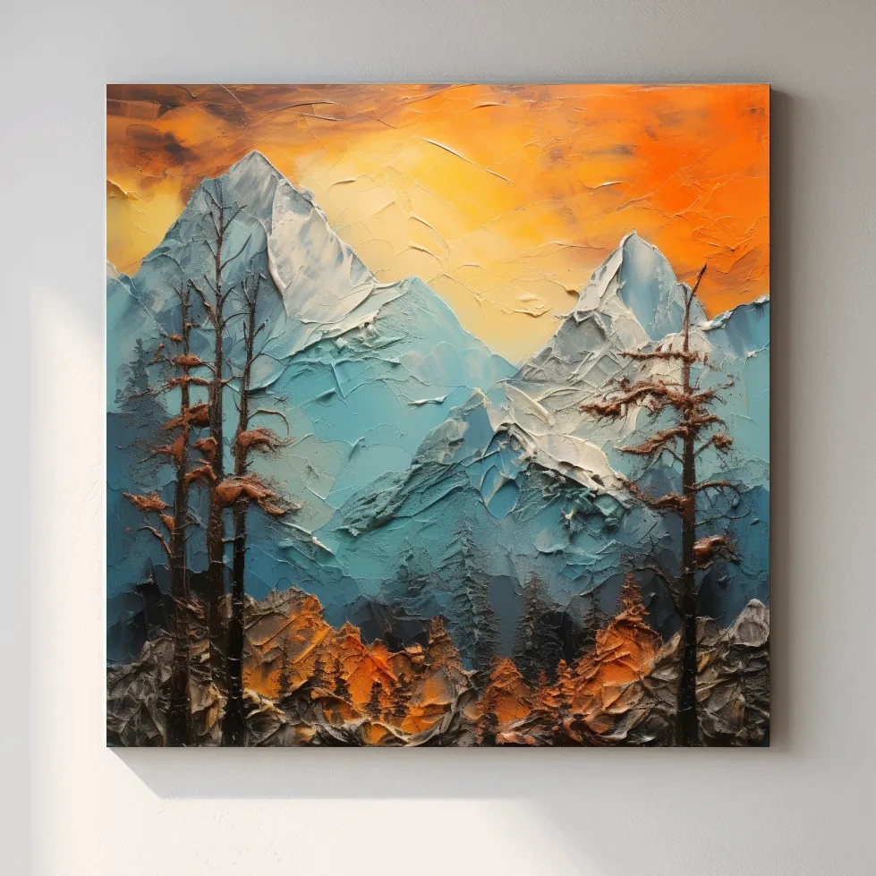 Mountains at sunset, thick impasto textured oil painting print