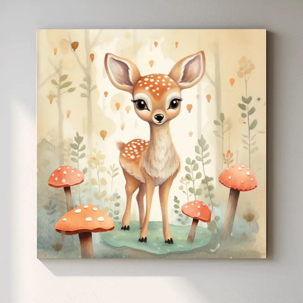 Nursery art, illustration of a cute baby fawn in the forest